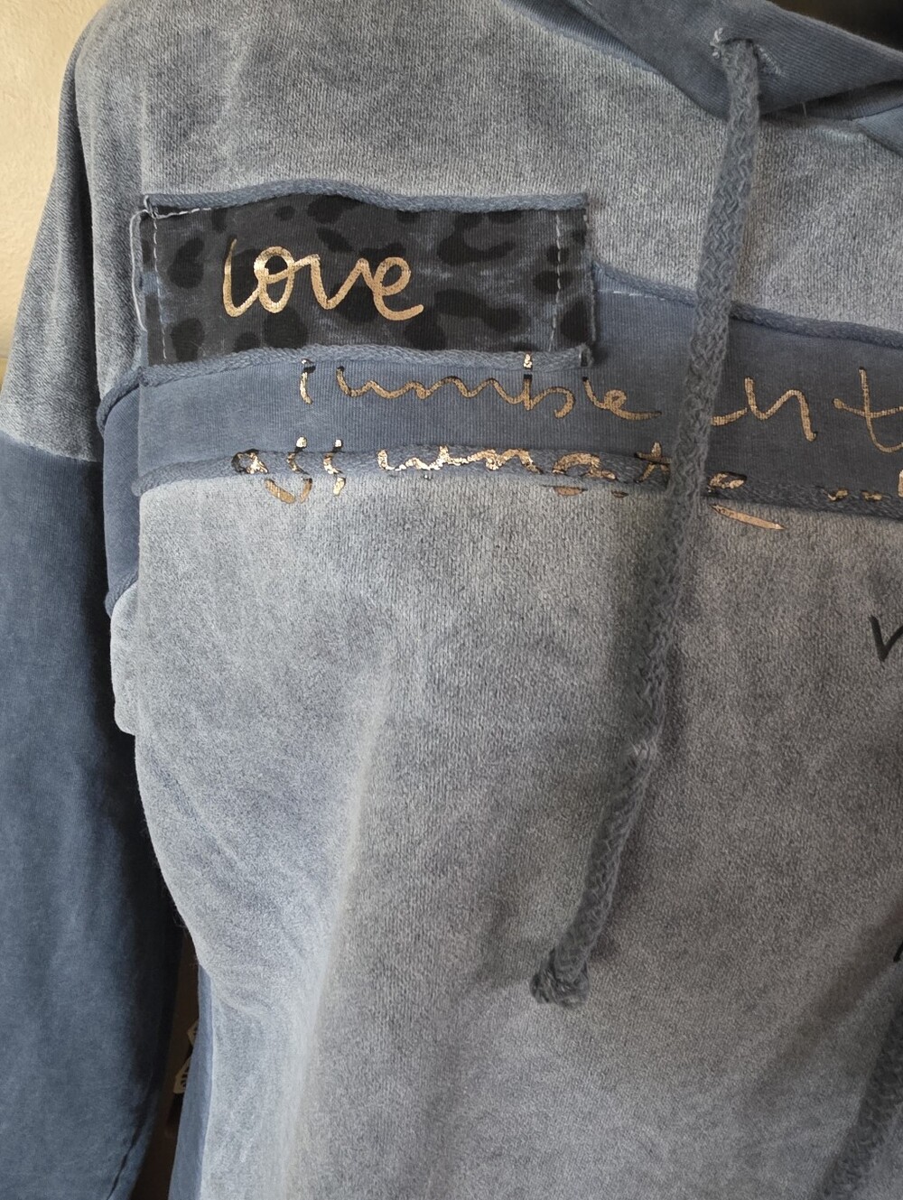 Made In Italy Sequin Pullover Suede Like Fabric Lightweight Hoodie in Dusty Blue - Picture 3 of 12